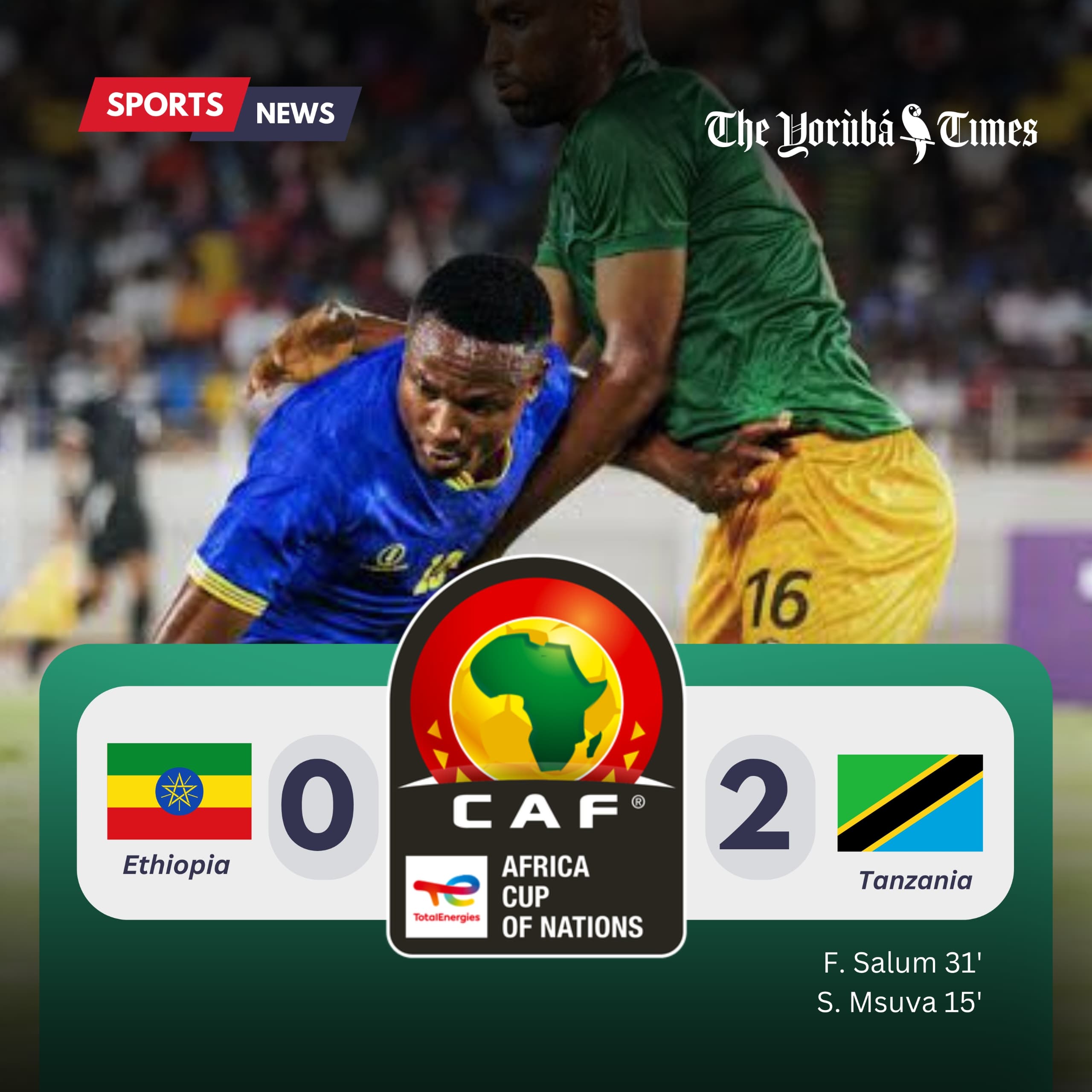 Tanzania takes control of AFCON destiny with 2-0 win over Ethiopia