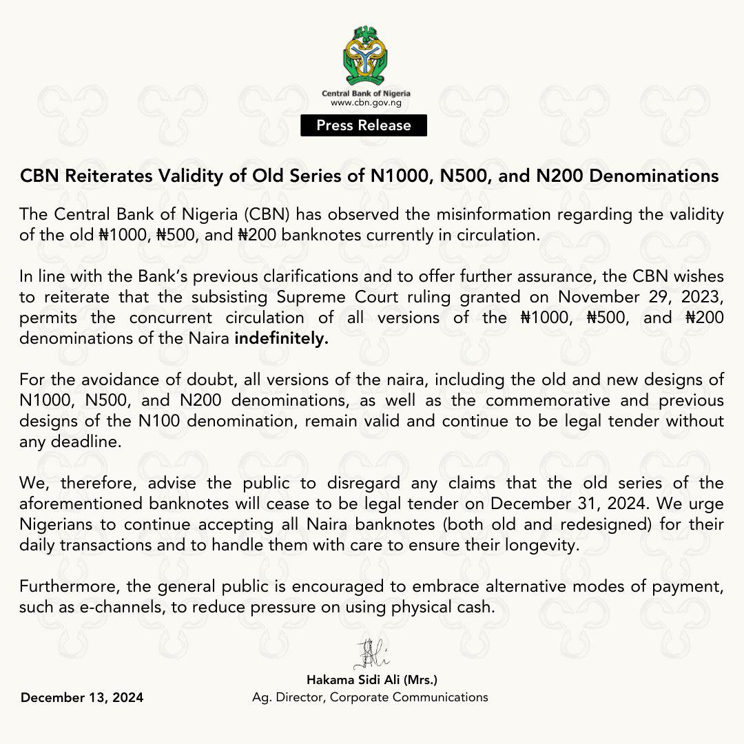 Old naira notes remain legal tender, CBN reassures public