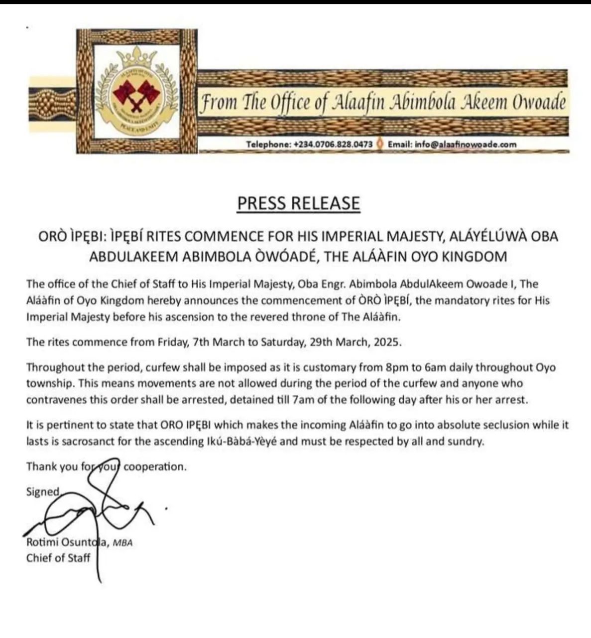 Breaking: Curfew Imposed in Oyo town as ORO-IPÈBi rites commence for Alaafin of Oyo