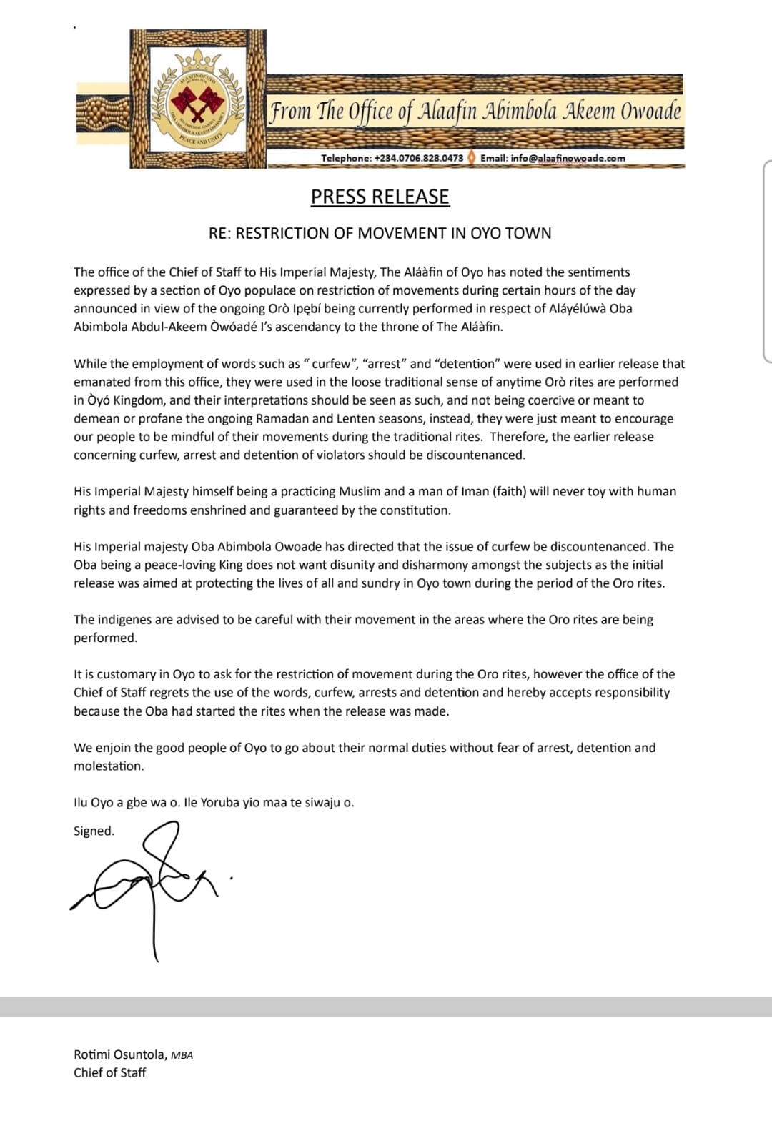 Oyo town clarifies movement restriction, assures residents of normal activities