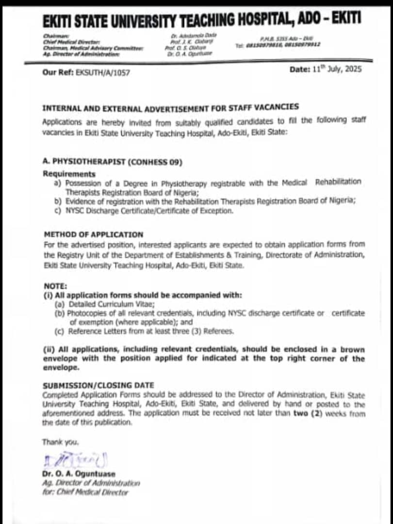 Ekiti seeks qualified medical professionals for vacant positions in EKSUTH