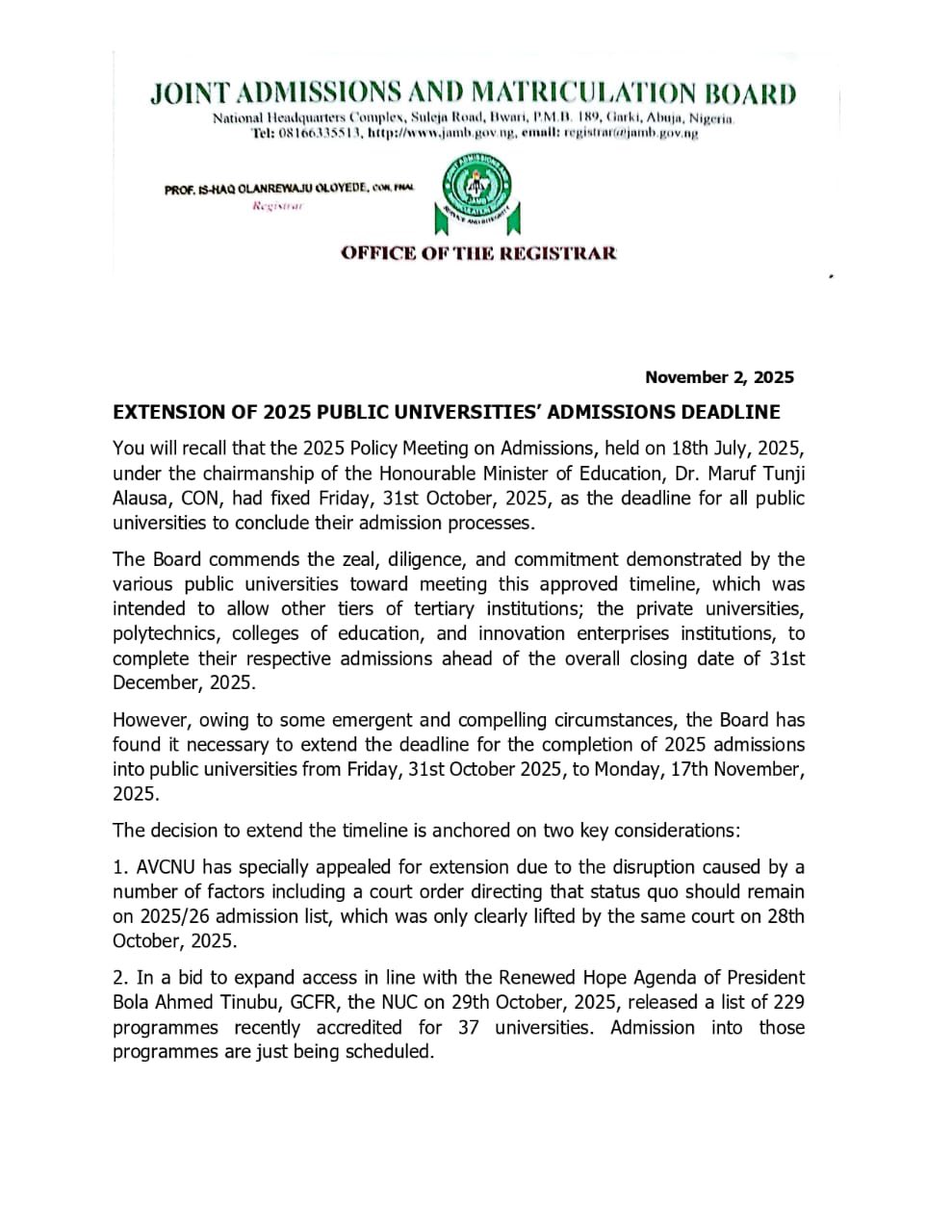 PHOTOS: JAMB Extends 2025 Public Universities’ Admissions Deadline to November 17