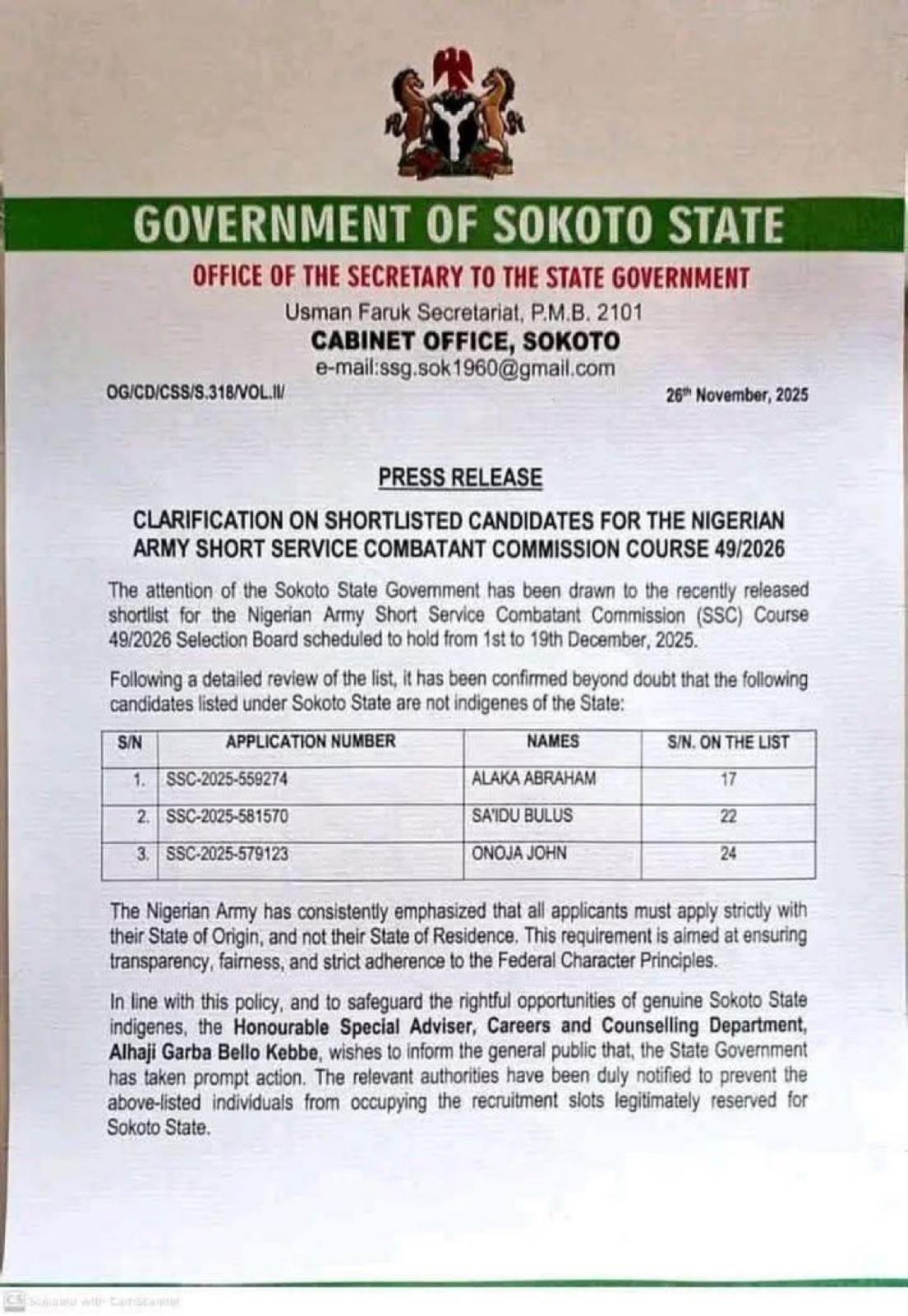 PHOTO: Sokoto Government Rejects Three Names on Army Short Service Shortlist, Says They Are Not Indigenes