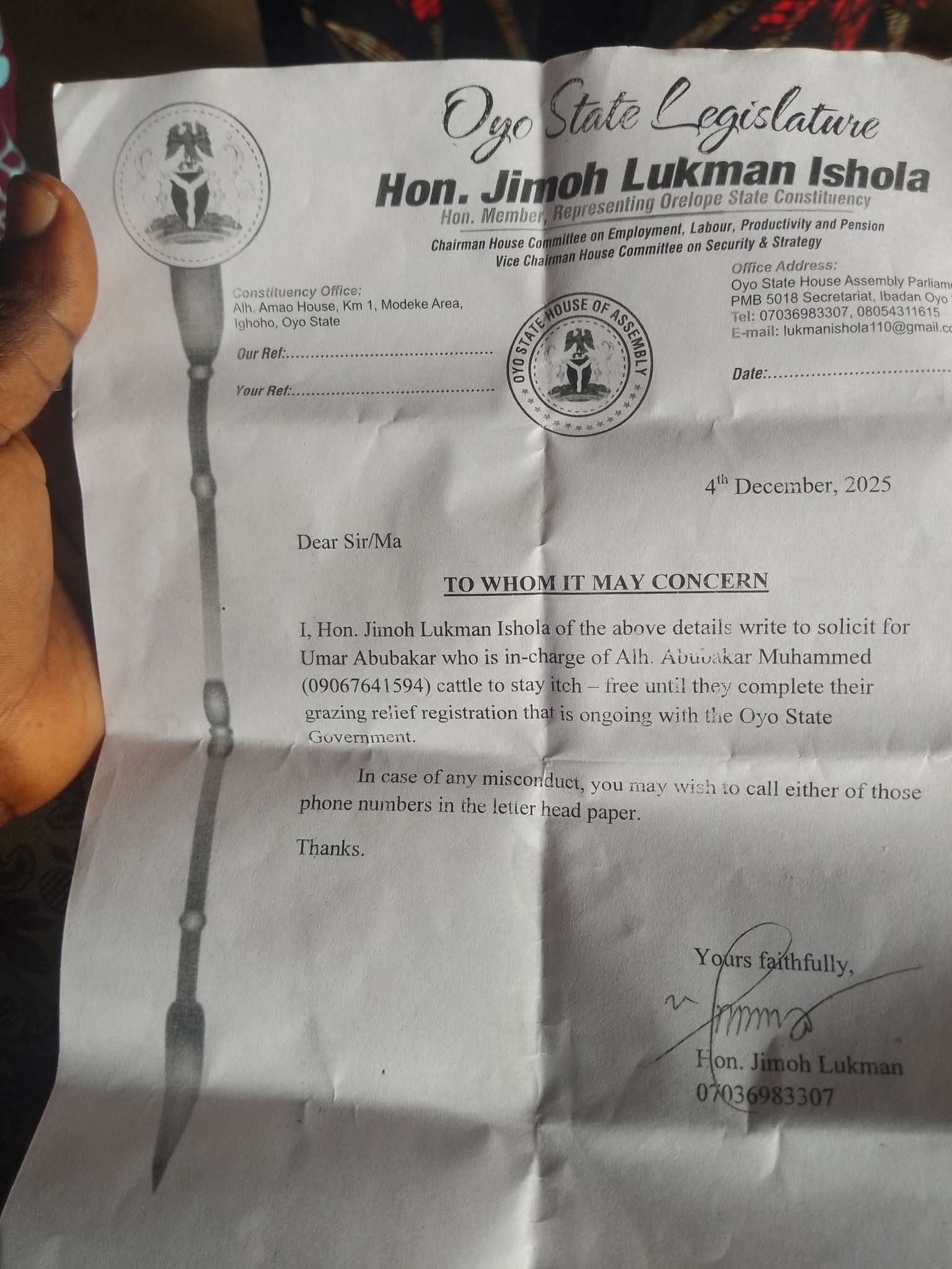Oyo Lawmaker Accused of Backing Open Grazing Despite State Ban