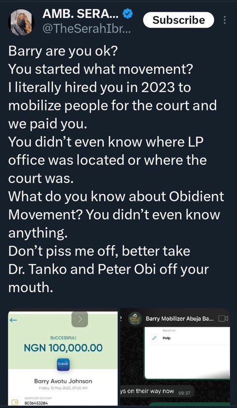 “Obidients Were Paid 2k Each to March on Supreme Court, Threaten Judges in 2023” – Serah Ibrahim Drops Receipts
