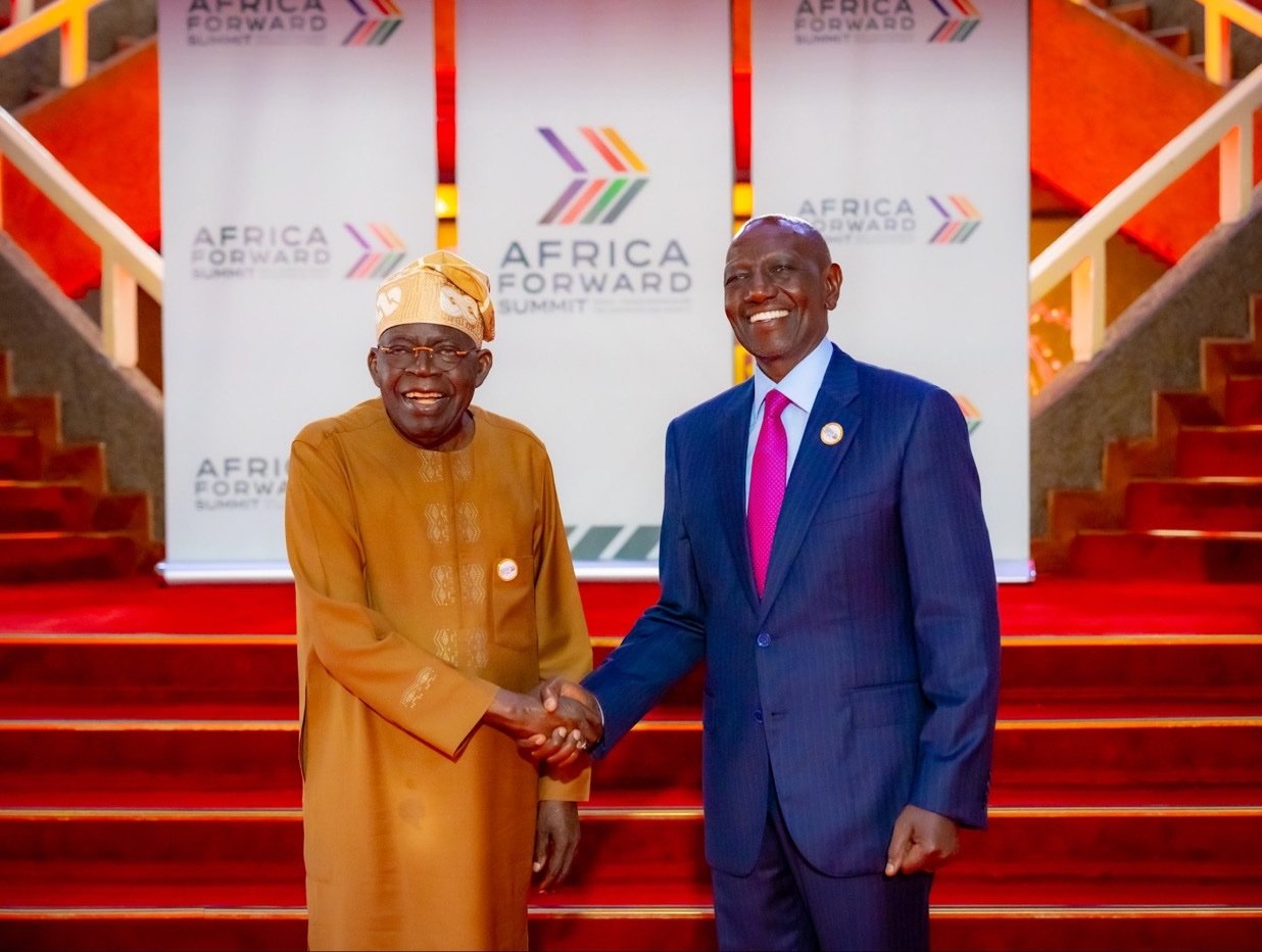 President Bola Ahmed Tinubu pictured at the Africa Forward Summit alongside Kenya’s President William Ruto.