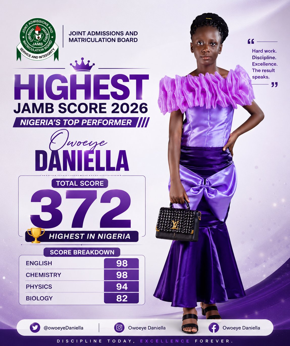 BREAKING 🇳🇬🏆: Yoruba Daughter Owoeye Daniella Tops 2026 JAMB With 372 (English 98, Chemistry 98, Physics 94, Biology 82) — Joint Admissions and Matriculation Board