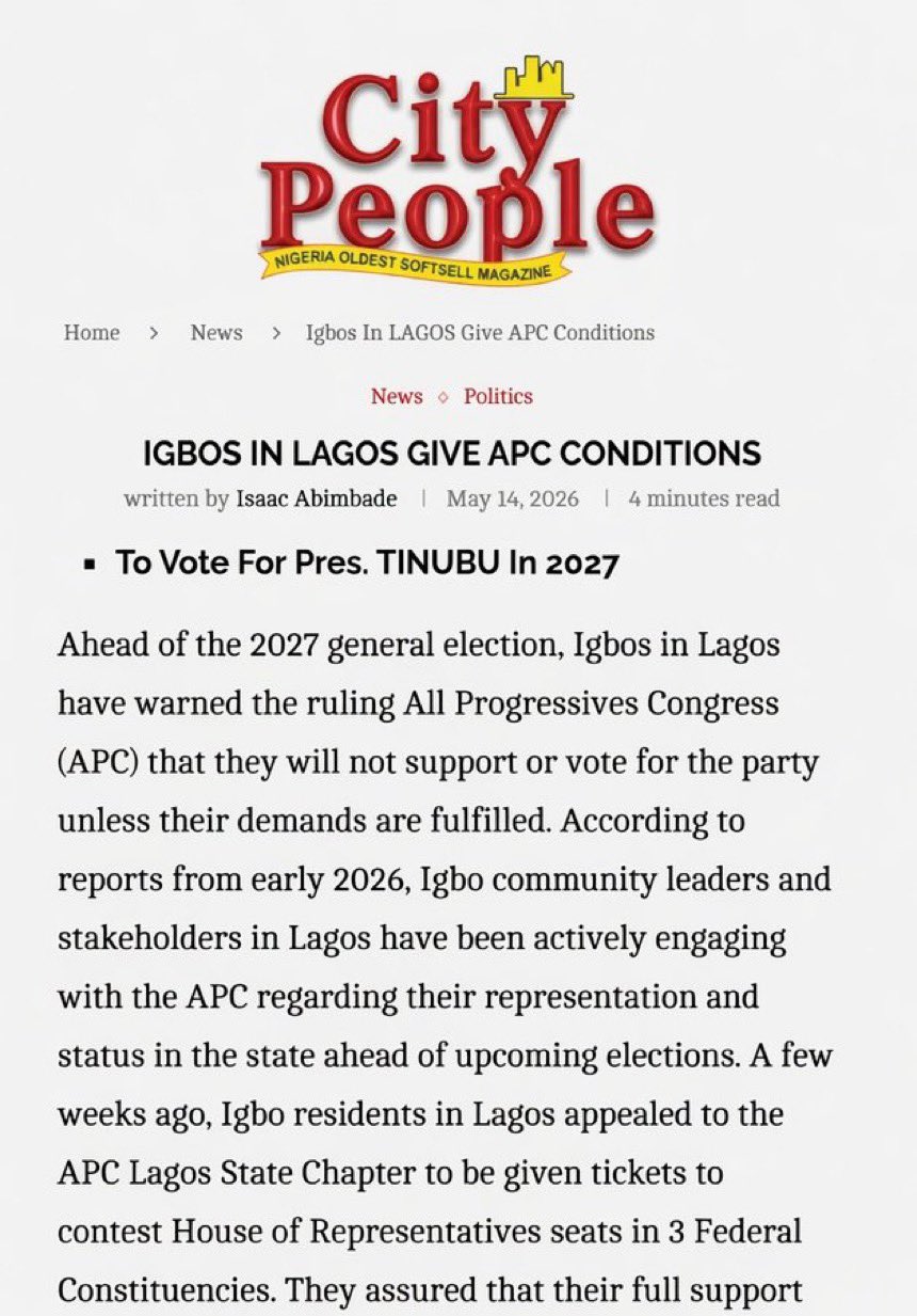 “Igbos Issue Eviction Notice to APC in Lagos” – Ndigbo Demand 3 Reps Seats, 45% Appointments, Stop to Demolitions or Zero Votes in 2027