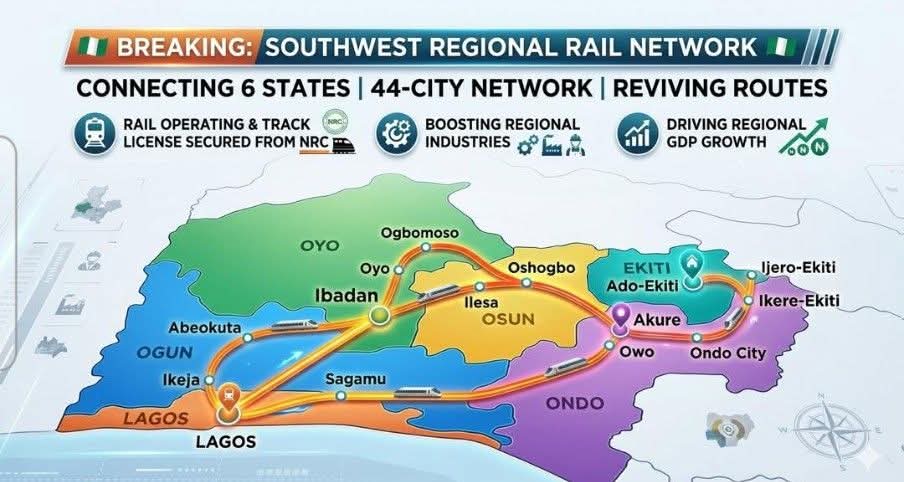 MAP 🇳🇬🚆: South West rail network showing planned corridors linking Lagos, Ogun, Oyo, Osun, Ondo and Ekiti under regional rail expansion plan.
