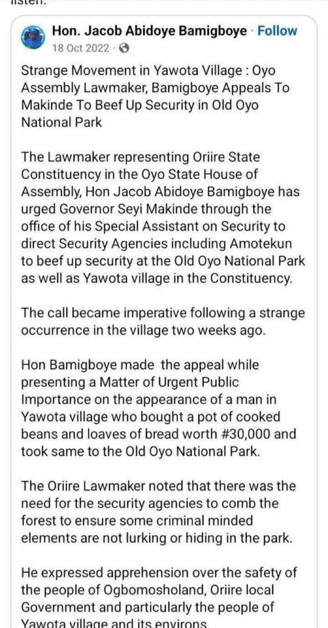 BREAKING: “A Man Bought ₦30,000 Beans and Bread and Took It Into the Forest” – Lawmaker Warned Makinde in 2022 About Strange Movements in Old Oyo Park