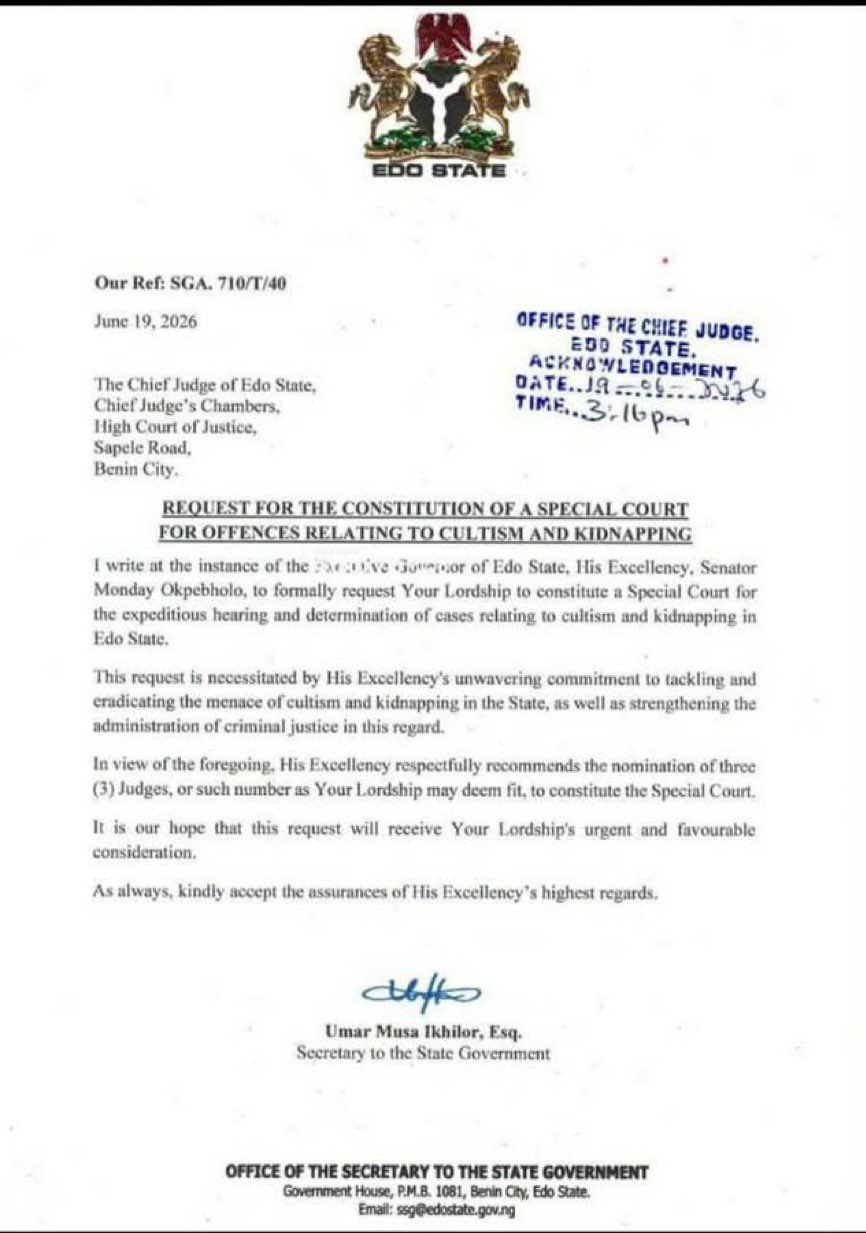BREAKING: Edo Governor Okpebholo Requests Special Court for Kidnappers, Cultists