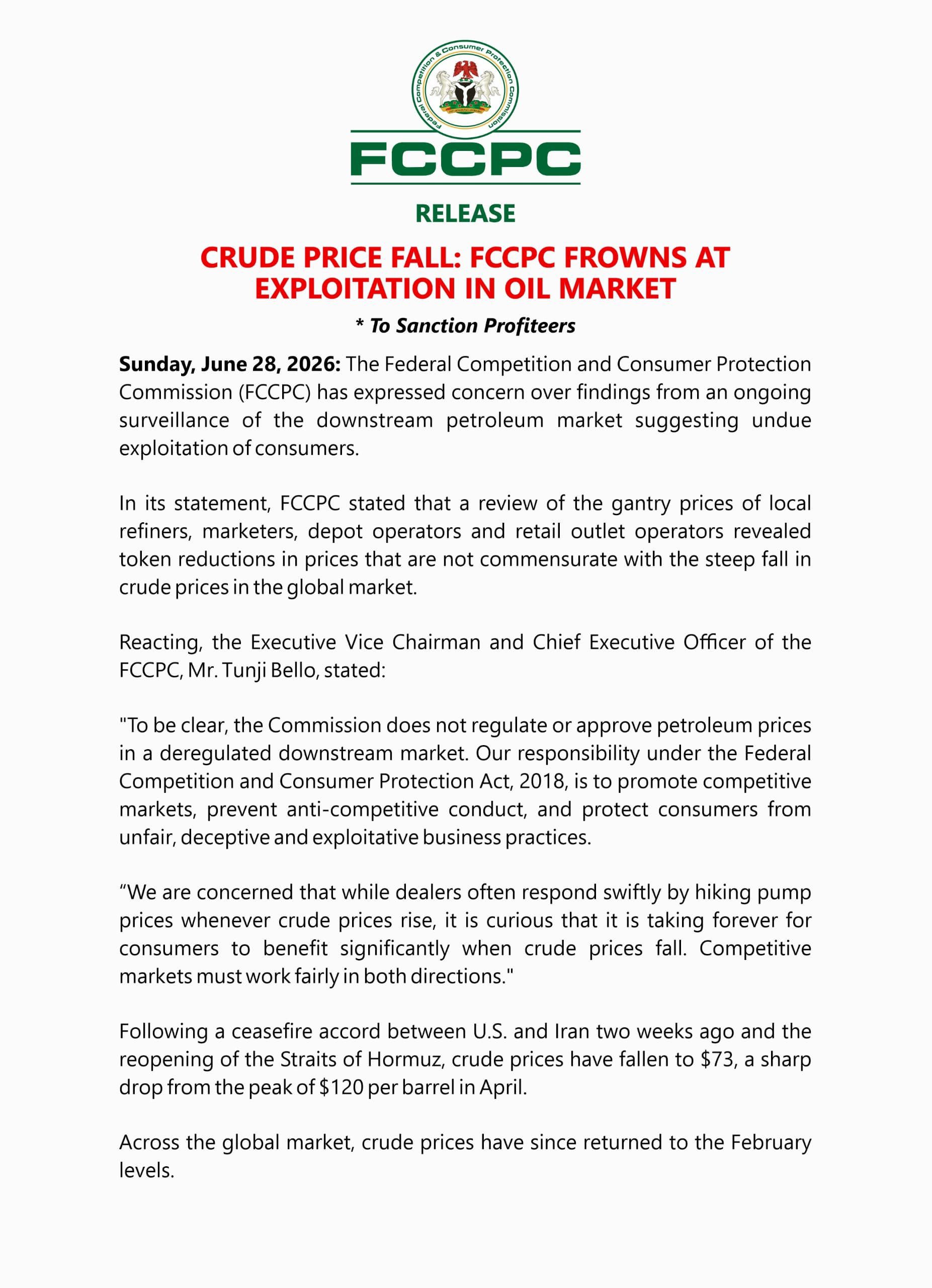 PRESS RELEASE: Crude Price Fall – FCCPC Frowns at Exploitation in Oil Market, Vows to Sanction Profiteers
