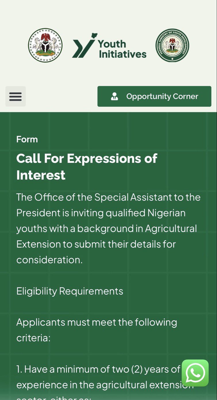 FG Calls for Expressions of Interest from Young Agricultural Extension Professionals