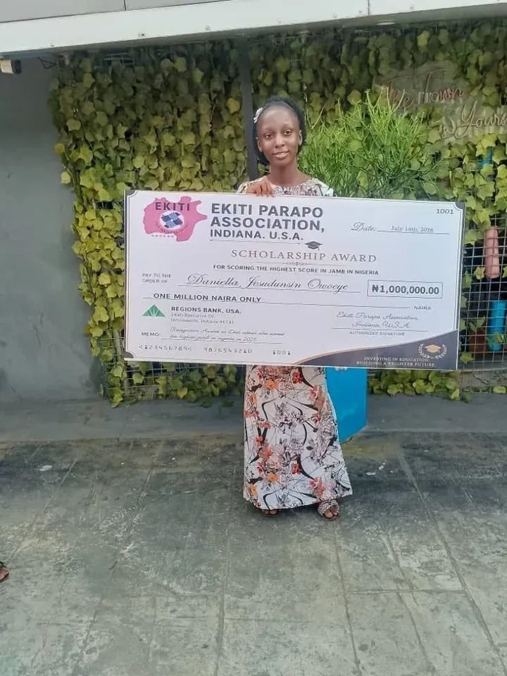 Ekiti indigene Daniella Owoeye, 2026 JAMB highest scorer, receives ₦1 million scholarship