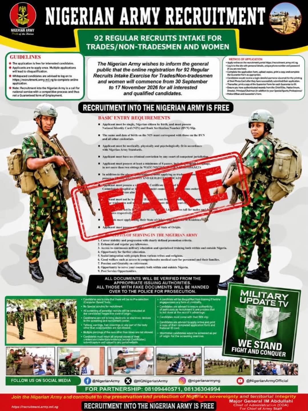 Nigerian Army Debunks Fake 92 Regular Recruitment Intake Publication, Warns Public Against Fraudsters