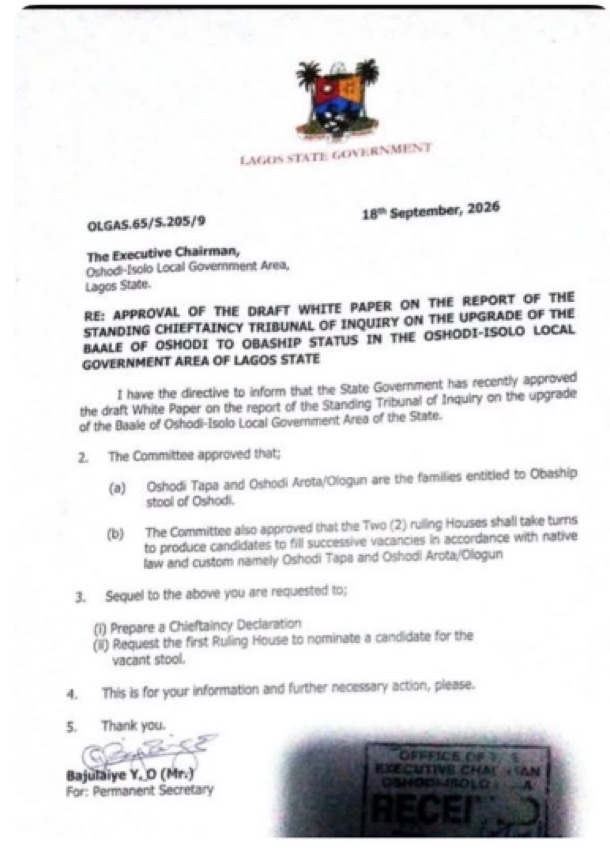 Oshodi Obaship Dispute Deepens As Olushi Onigbesa Family Demands Withdrawal Of Government Directive