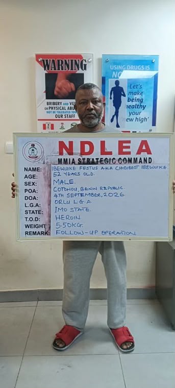 NDLEA Arrests Fugitive Festus Ibewuike Over 49.70kg Heroin Seizure After Two Years on the Run